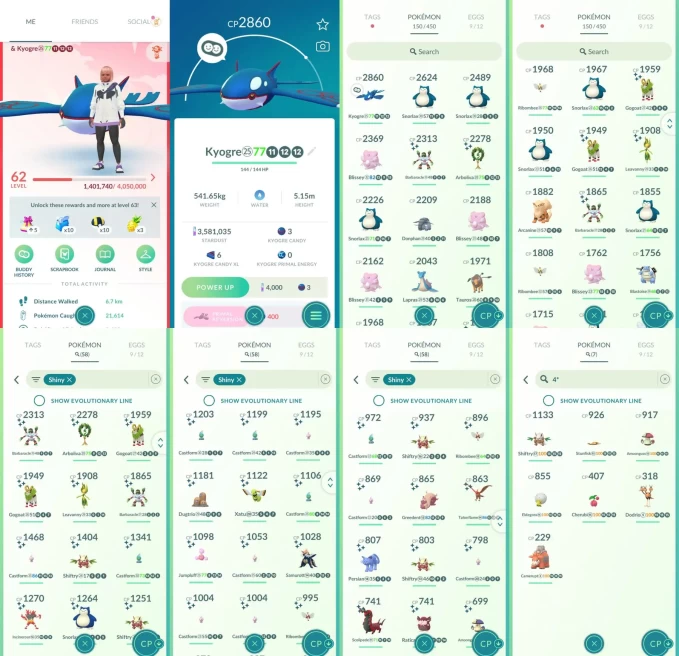 ACm1461 -lv 62 Valor | x11 2000CP | x1 Legendary | x58 shiny | x7 100IV | Kyogre | Shiny Gogoat Arboliva Snorlax Incineroar Samurott Talonflame
