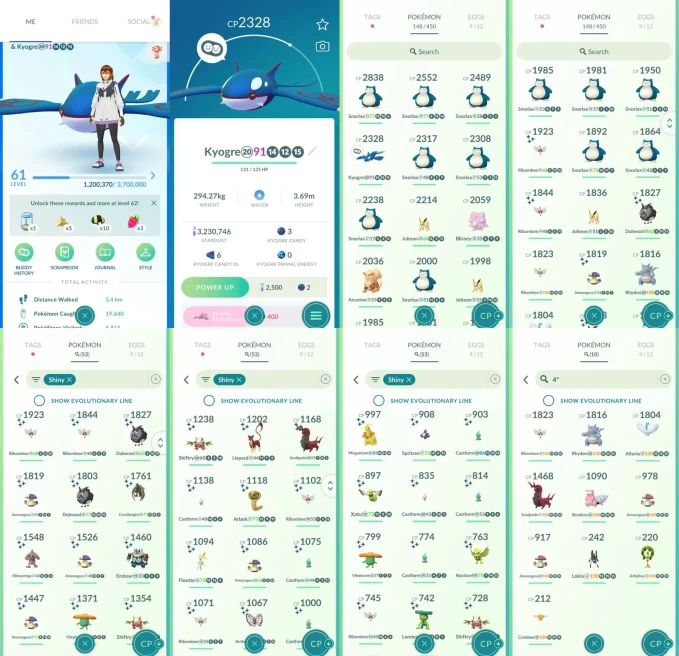 ACm1462 -lv 61 Mystic | x11 2000CP | x1 Legendary | x53 shiny | x10 100IV | Kyogre 91%IV | Shiny Emboar Meganium | 4* Rhydon Altaria