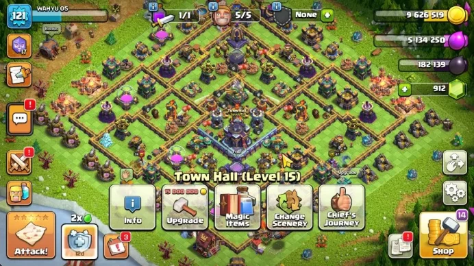 TH 15 - BH 5 | Limited Skin | LV 121 | HH 7 | BK 36,AQ 47,GW 21,MP 23,RC 7| |CN NO|Protect OFF|TAKE MAIL(COC2096)