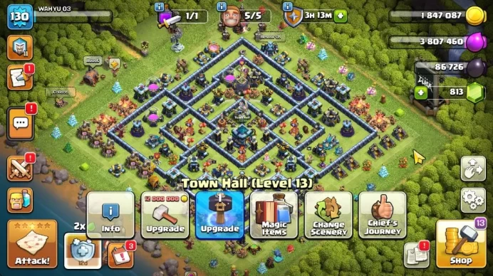 TH 13 - BH 5 | Limited Skin | LV 130 | HH 7 |BK 51,AQ 58,GW 21,MP 24,RC 7,BM 4|CN NO|Protect OFF|TAKE MAIL(COC2098)