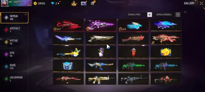 Indonesia|M1887 Sterling C Lv7,Gurun Pasir,Terrano B,Aqua B|M1014 Scorpio S Lv7|430 Vault+165 Bundle|Log Google(FF1441)