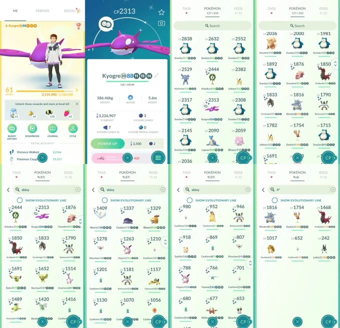 ACm1469 -lv 61 Instinct | x14 2000CP | x1 Legendary | x57 shiny | x6 100IV | Shiny Kyogre