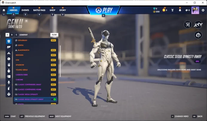 GENJI / CLASSIC SEOUL DYNASTY AWAY / 10 Gold Weapons  / MERCY / Full Mail Access / see the picture / Please Read Description / n8223