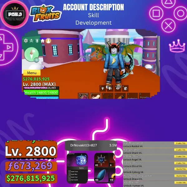 BLOX FRUITS (2800) | 7 RACE FULL GEAR | SANGUINE & KITSUNE ITEMS + ACCESSORIES | COMPLETE MELEE V1/V2 & SWORDS | MAX MASTERY | F 673K & BELI 276