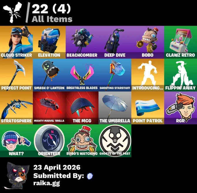 [PC/PSN/XBOX] 1 skins | Cloud Striker | Elevation | Beachcomber | Deep Dive | Bobo | Clawz Retro | Perfect Point | Smash O'-Lantern