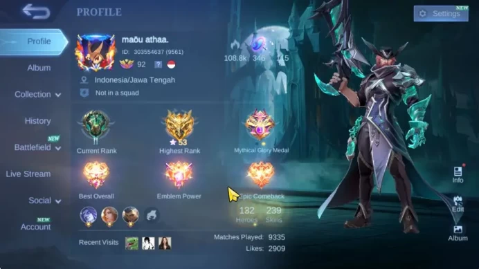 Hero 132|Skin 239|High Glory 53|KOF Karina,CC Natalia,2 LB,3 DT,4 SABER,12 Epic,Etc|Take Email|Deadlink FB+google|(MLBB2146)