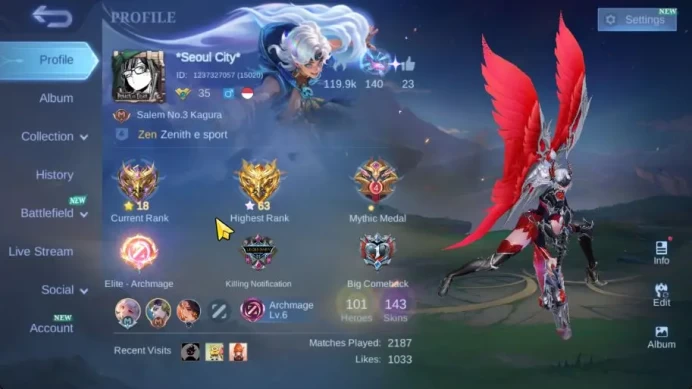 Hero 101|Skin 143|High Glory 63|Prime Granger,KOF Karina,Zodiac Lancelot,LB Harith,DT Lancelot,6 Epic,Etc|Take Email|(MLBB2152)