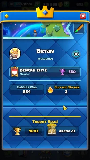 Lv 38|Trophy 9043|KTL 13|Limit Skin|Total Card 121|3 Hero 8 EVO 8 Champ 21 Legend 33 Epic 30 Rare 29 Common|TakeMail|(CR1687)