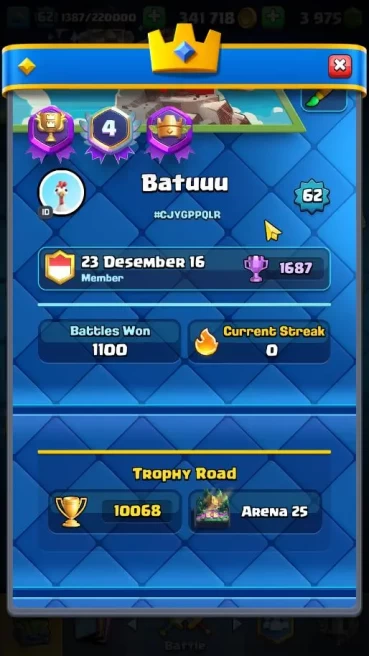 Lv 62|Trophy 10068|KTL 15|Total Card 121|4 Hero 14 EVO 8 Champ 21 Legend 33 Epic 30 Rare|3,9K GEM+1 Wildshard|Take Email(CR1694)