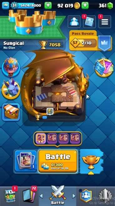 Lv 31|Trophy 7058|KTL 11|Total Card 117|3 Hero 5 EVO 4 Champion 21 Legend 33 Epic 30 Rare 29 Comm|2 WildShard|Take Email(CR1698)