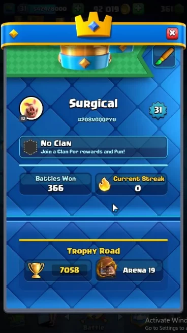 Lv 31|Trophy 7058|KTL 11|Total Card 117|3 Hero 5 EVO 4 Champion 21 Legend 33 Epic 30 Rare 29 Comm|2 WildShard|Take Email(CR1698)
