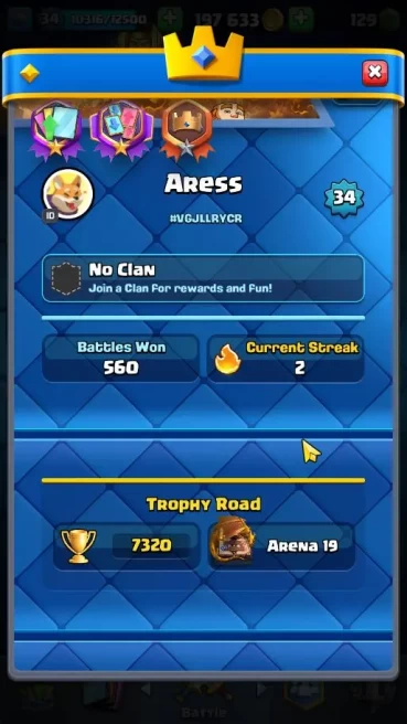 Lv 34|Trophy 7320|KTL 12|Total Card 119|3 Hero 7 EVO 6 Champ 21 Legend 33 Epic 30 Rare 29 Common|2 Wildshard|TakeMail|(CR1700)
