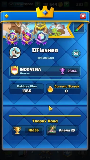 Lv 52|Trophy 10235|KTL 14|Limited Skin|Card 121|3 Hero 10 Evo 8 Champ 21 Legend 33 Epic 30 Rare 29 Common|Take Email|(CR1710)