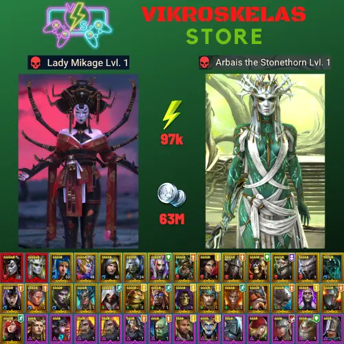 Starter with 2 Mythical - Lady Mikage and Arbais : 97k energy / 63 mln coins / Teodor, Lyssandra, Arix, Ninja + 20 Login Legendaries