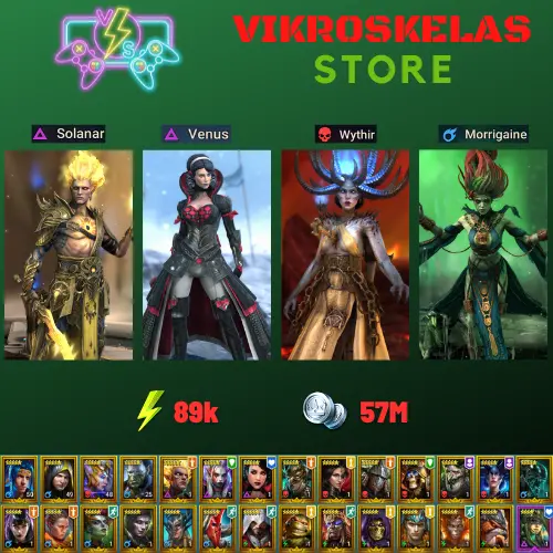Starter acc with Solanar : 89k energy / 57 mln coins / Venus, Wythir, Morrigaine, Arix, Ninja + 20 Login Legendaries