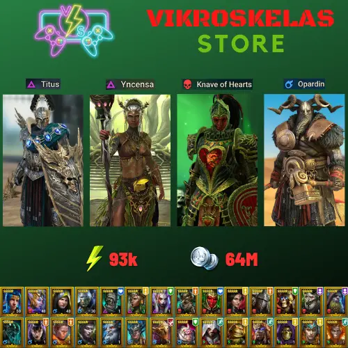 Starter acc with Titus : 93k energy / 64 mln coins / Yncensa, Knave of Hearts, Opardin, Arix, Ninja + 20 Login Legendaries / Demytha