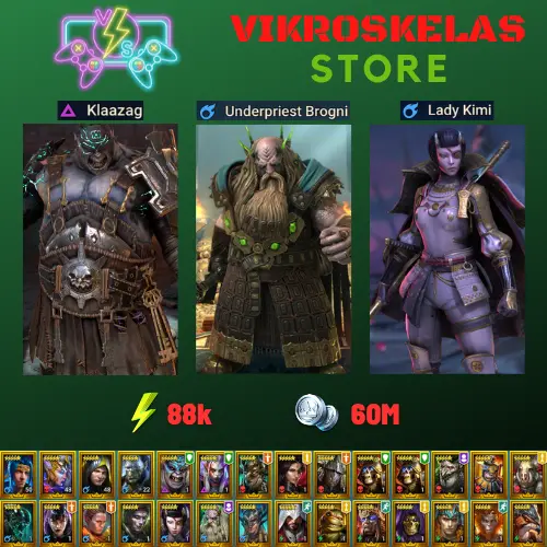 Starter acc with Klaazag : 88k energy / 60 mln coins / Brogni, Lady Kimi, Warchief, King Garog, Arix, Ninja + 20 Login Legendaries