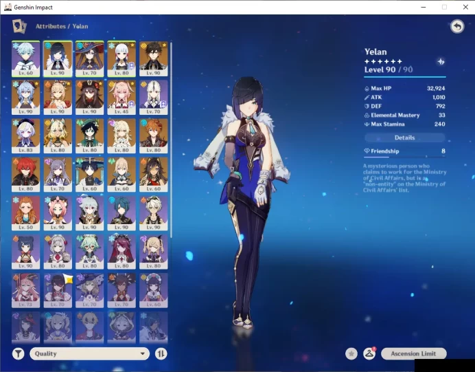 EU|AR 58|11 Limited+4(*5Weapon)|HuTaoC1,Linnea,Xilonen,Tartaglia,Yelan,Ayaka,Ganyu,Yoimiya,Etc|MC Female|Take Mail|Check(GI5988)