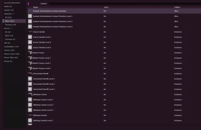NA - Valorant Account - 215 Skins - Araxys Reaver Kuronami Glitchpop Spectrum - Level 138 - Unranked - 14 Knives - Full Access - 1000$ USD Spent