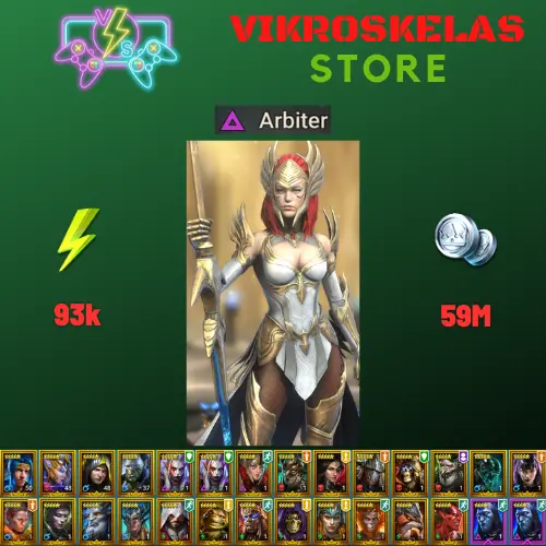 Starter acc with Arbiter : 93k energy / 59 mln coins / Opardin, Lord Shazar, Arix, Ninja + 20 Login Legendaries / Geomancer 2x