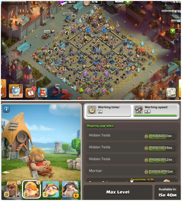 [Helper Hut Max]Th18 Wall Maxed With 3 Leauge Skins||14 Epic Max||931 Cwl Medals||Desert Night Scenery||Exp:237