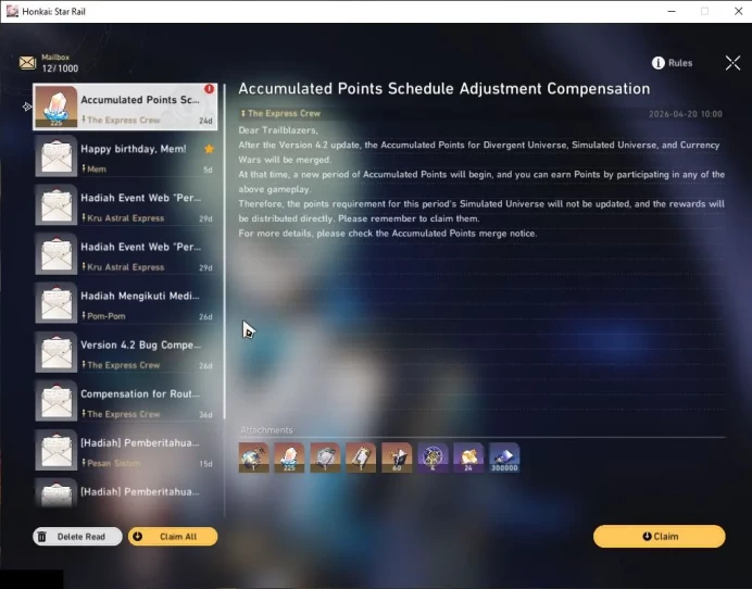 ASIA|TL 70|51 RSP|Phainon,The Herta PremTeam|19 Limited|[Evernight,feixiao,Anaxa,The Dahlia,]+Sign,etc|TakeMail|CheckSS(HSR6517)