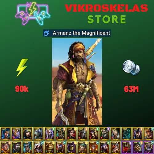 Starter acc with Armanz : 90k energy / 63 mln coins / Kyoku, Roanas, Arix, Ninja + 20 Login Legendaries / Thorn, Slixus