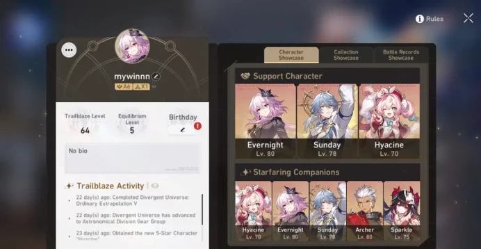 Asia|TL 64|6 Limited|[Evernight,Archer]+Sign,Sparkle,Sunday,Ruan Mei,Dante|Amphoreus|Female MC|Check SS|Take Mail(HSR6222)