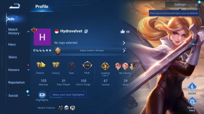 Hero67 Skin29|KIC Luna,2Legend(ConsortYu,DeRenjie),8Epic(HouYi,DioaChan),2Worldly,Etc|CheckSS(HOK1893)