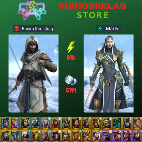 Starter acc with Basim : 91k energy / 57 mln coins / Martyr, Arix, Ninja + 20 Login Legendaries / Pain Keeper  2x + Coldheart 3x