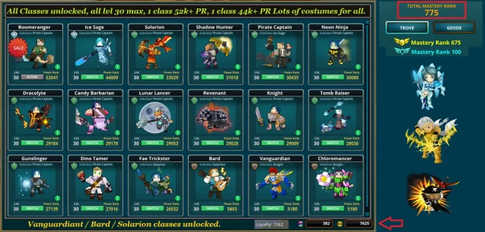PC Top Trove Acc, all classes unlocked, all classes lvl max, 1 class 52k+ PR, Lots of Dragons, Mounts, Wings, Flux + GANDA