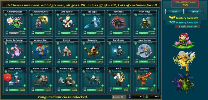 PC Trove Acc, 16 classes unlocked, all classes lvl max, 1 class 37.3k+ PR, Lots of Dragons, Mounts, Wings, Flux + GANDA & Flux