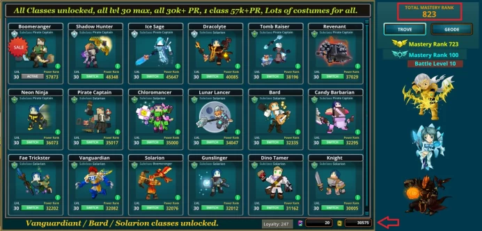 PC Top Trove Acc, all classes unlocked, all classes lvl max, all 30k+ PR, 1 class 57.8k+ PR, Lots of Dragons, Mounts, Wings