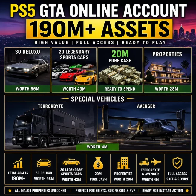 PS5 GTA Online Account | 190M Assets | 20M Cash | 30 Deluxo | 20 Legendary Cars | All Properties | 10 modded cars