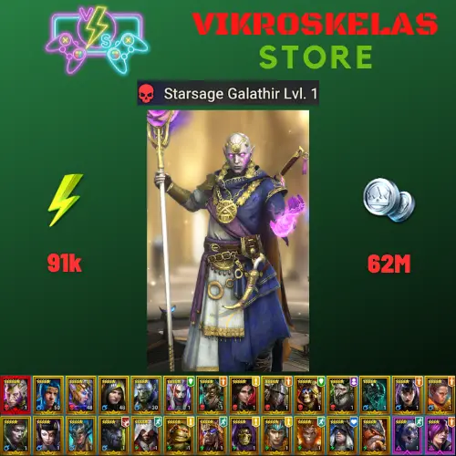 Starter with Mythical - Galathir : 91k energy / 62 mln coins / Lady Kimi, Bivald, Arix, Ninja + 20 Login Legendaries / Maneater