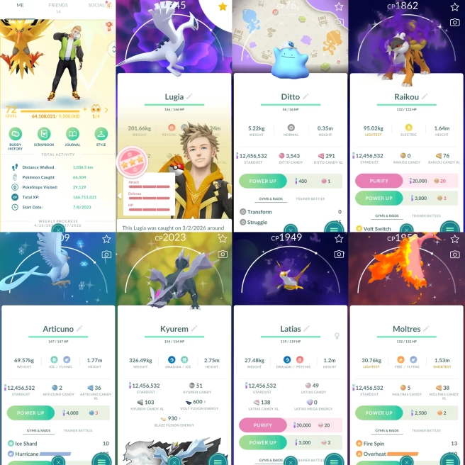 2160 Level 72 Raikou100 Lugia100 Latias100 Heatran100 Cresselia100