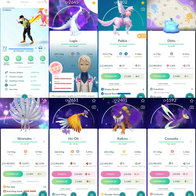 2163 Level 72 Lugia100 Shiny Vulpix, Ninetales BG Shiny Ditto Pokopia BG Shiny Scorbunny BG
