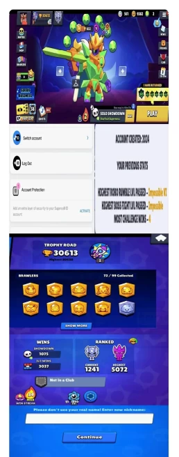 17LV11BRAWLERS~30613TROPHIES~169SKINS~15HYPERCHARGE~72BRAWLERS    #A1205Z