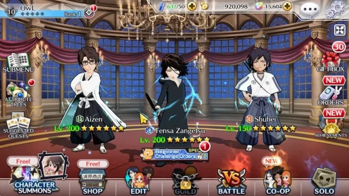 [GLOBAL]15K Orbs+Fresh All Story|Lv 200(Tensa,Aizen Fierce),Nnoitora Hidden,Shuhei Soul Reaper,Etc|Klab ID(BBS931)