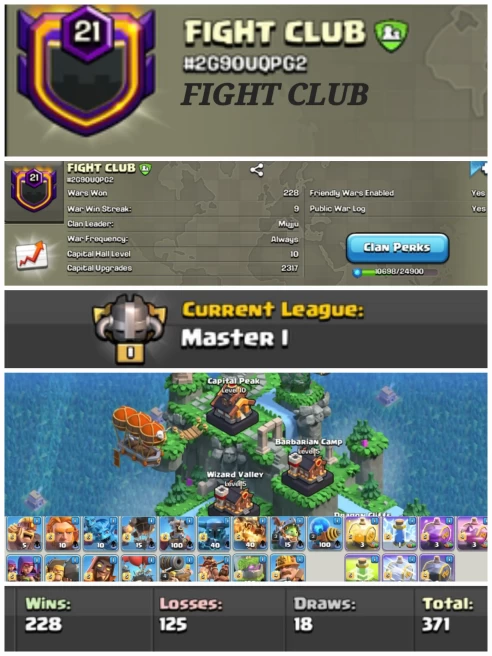 FIGHT CLUB !! LEVEL 21 !! CAPITAL PEAK 10( MAX ARMY) !! MASTER LEAUGE 1 !! WIN 228 LOSS 125 !! PERFECT NAME !! CHEAP !! FAST DELIVERY