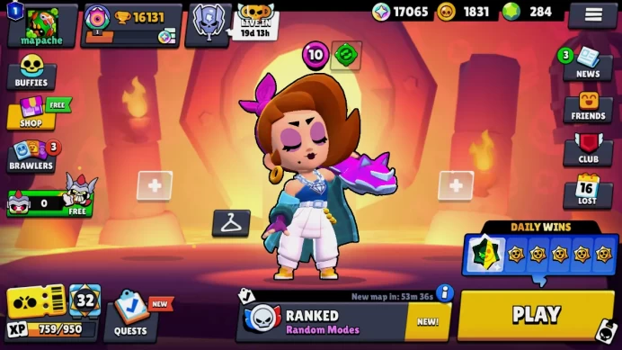 76 BRAWLERS | 16131 TROPHIES | 152 SKINS | HYPERCHARGE 9 | PRESTIGE 1 | RANK SILVER | 12 LEGENDARY | 284 GEMS | BB29