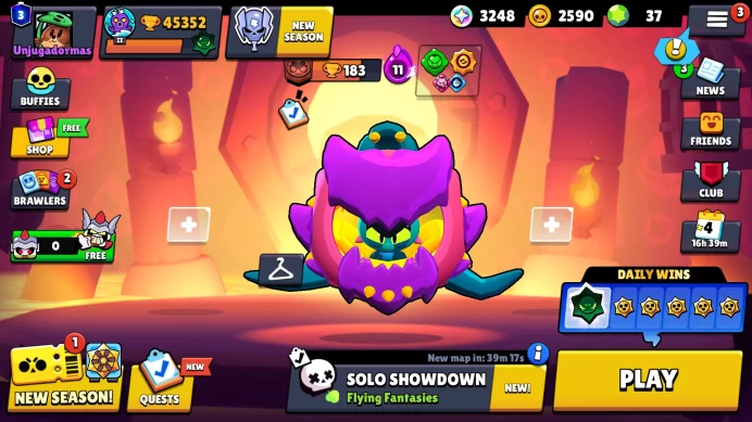 97 BRAWLERS | 45352 TROPHIES | 279 SKINS | HYPERCHARGE 36 | PRESTIGE 3 | RANK SILVER | 13 LEGENDARY | 37 GEMS | BB48