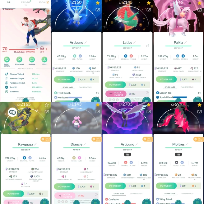 2190 Level 70 Shiny Mega Rayquaza Shiny Dialga Origin RoT x2 Shiny Palkia Origin SR Cool BG Shiny Articuno Mystic BG