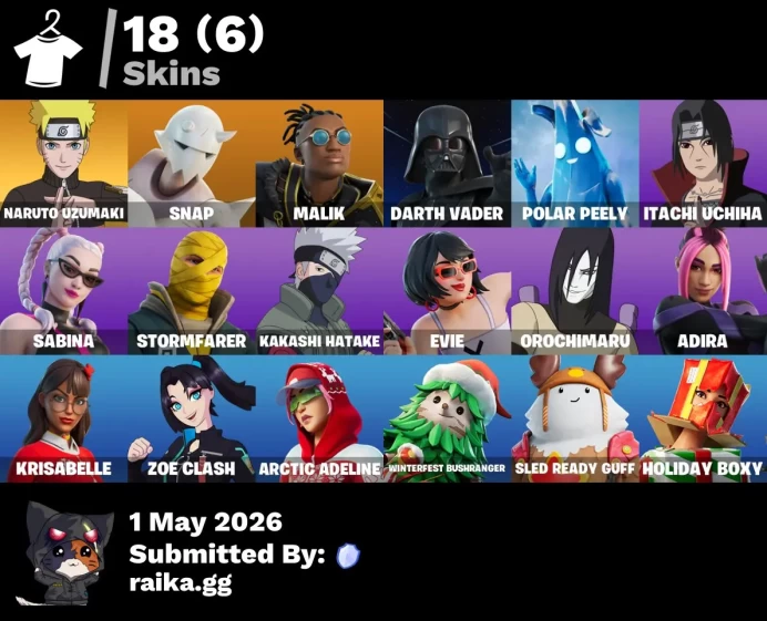 [PC/PSN/XBOX] 18 skins | Naruto Uzumaki | Snap | Malik | Darth Vader | Polar Peely | Itachi Uchiha | Sabina | Stormfarer | Kakashi Hatake