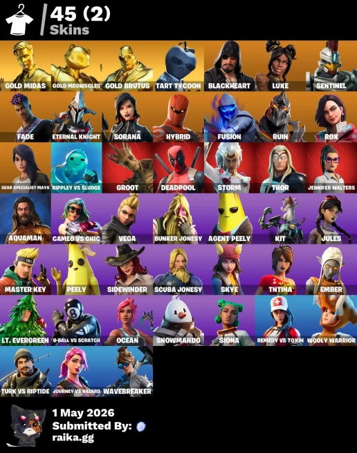 [PC/PSN/XBOX] 45 skins | Gold Midas | Gold Meowscles | Gold Brutus | Tart Tycoon | Blackheart | Luxe | Sentinel | Fade | Eternal Knight