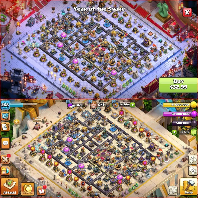 Th18, Xp 268, All 5 Heroes Max [ 18,000 Gem ] Nc Available { 9 Rare Epic Max } 4245 WAR STAR, All 3 Helpers Max, 275 Wall Max, Full Defenses