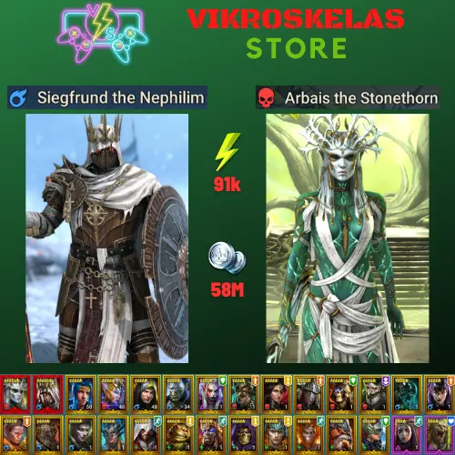 Starter with 2 Mythical - Siegfrund and Arbais : 91k energy / 58 mln coins / Valkyrie, Arix, Ninja + 20 Login Legendaries / Maneater