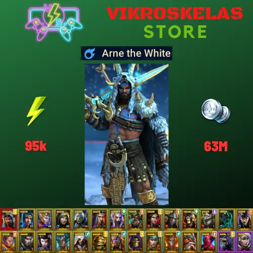 Starter with Mythical - Arne : 95k energy / 63 mln coins / Lady Kimi, Cupidus, Vitrius, Arix, Ninja + 20 Login Legendaries