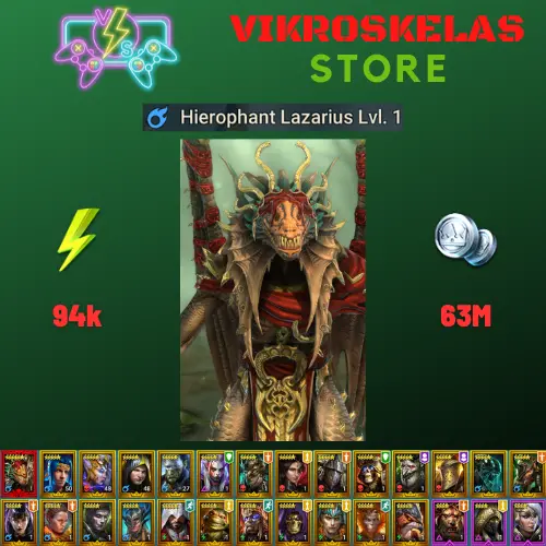 Starter with Mythical - Lazarius : 94k energy / 63 mln coins / Kro'khad, Helior, Arix, Ninja + 20 Login Legendaries / Deacon