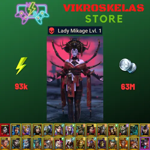 Starter with Mythical - Lady Mikage : 93k energy / 63 mln coins / Shu-Zhen, Opardin, Cillian, Arix, Ninja + 20 Login Legendaries